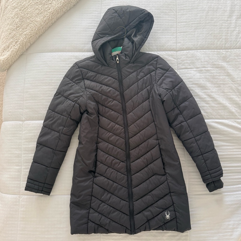 Spyder women’s down coat. Knee length. Size small. Charcoal grey